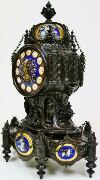 Rare Antique French 8 Day Bronze & Sevres Porcelain Gothic Style Mantel Clock 6