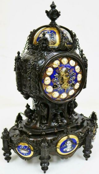 Rare Antique French 8 Day Bronze & Sevres Porcelain Gothic Style Mantel Clock 9