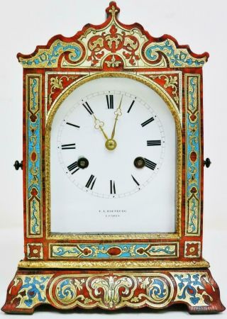 Fine Antique French Empire 8 Day Boulle & Enamelled Inlaid Officers Mantel Clock