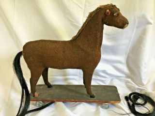 Antique platform wheeled horse pull toy w shoebutton eyes TLC needed 3