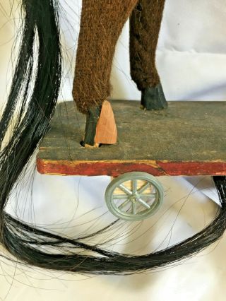 Antique platform wheeled horse pull toy w shoebutton eyes TLC needed 5