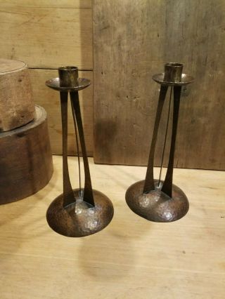 Antique Arts & Crafts Pair - Roycroft Candlesticks Hammered Copper Weighted Rare