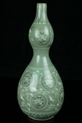 Apr263 Korean Goryeo Celadon White&black Crane Inlay Gourd Type Bottle Vase