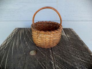 Early Antique Rare Miniature Nantucket Style Basket - Wood Bottom Carved Handle