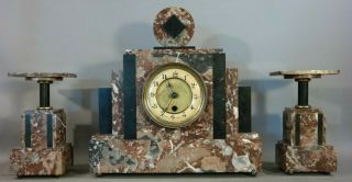 Antique Art Deco Era French Marble Old Mantel Clock & Pedestal Garniture Set