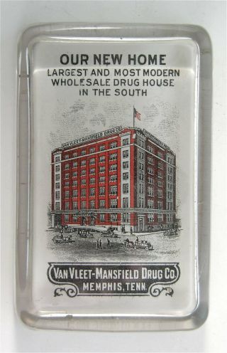 Ca1905 Van Vleet Mansfield Drug Co.  Milk Glass Backed Advertising Paperweight