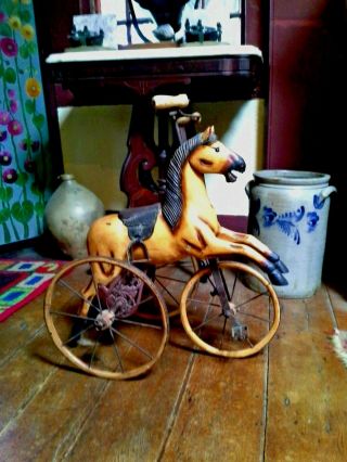 Vintage Wood Horse Tricycle Velocipede - 24 " High - Carved And Painted,  Glass Eye