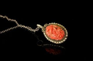 Antique Victorian Seed Pearl Carved Coral Sterling Pendant Necklace Mr