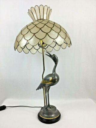 Vtg Mid Century La Barge Pewter And Brass Crane Lamp Capiz Shell Lampshade