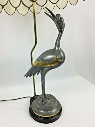 Vtg Mid Century La Barge Pewter and Brass Crane Lamp Capiz Shell Lampshade 2