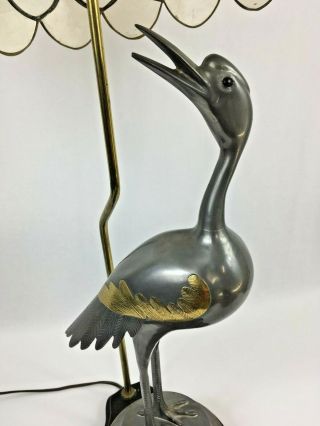Vtg Mid Century La Barge Pewter and Brass Crane Lamp Capiz Shell Lampshade 3