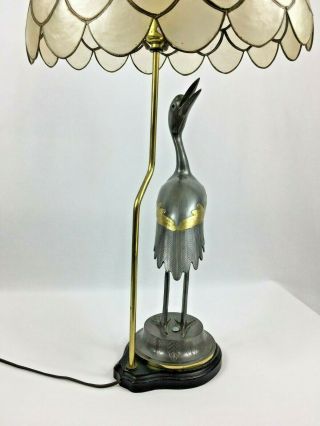 Vtg Mid Century La Barge Pewter and Brass Crane Lamp Capiz Shell Lampshade 4