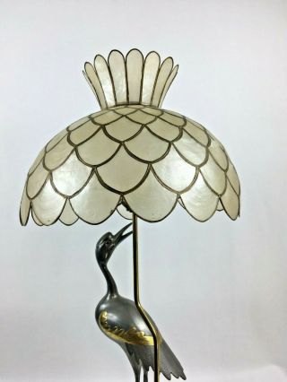 Vtg Mid Century La Barge Pewter and Brass Crane Lamp Capiz Shell Lampshade 8