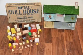 Vintage Marx Toy Metal Doll House W/ Box Accessories Furniture Babies Tin Steel