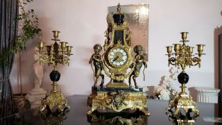 Vintage Imperial Italian Mantel Clock Bronze/brass And Marble With Candelabras