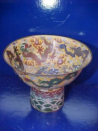 Large 19thc Chinese Cloisonne Decorated Bronze Pedestal Bowl W Dragon Designs