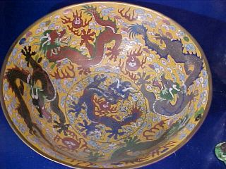 LARGE 19thc CHINESE CLOISONNE Decorated BRONZE Pedestal BOWL w DRAGON Designs 2