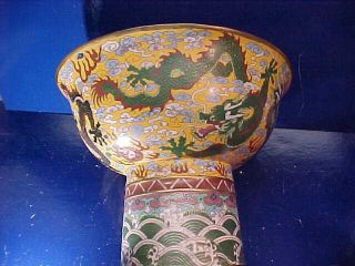 LARGE 19thc CHINESE CLOISONNE Decorated BRONZE Pedestal BOWL w DRAGON Designs 3