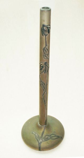 Antique Mission Arts & Crafts Heintz Art Sterling On Bronze Stick Bud Vase