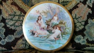 Fabulous Antique Hand Painted German Porcelain Plaque Nude Mermaids Frolicking