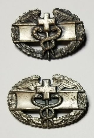 Vintage Combat Medic Badges Pin Back Pair 1 Solid Back 1 Hollow Back