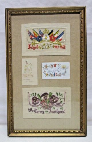 Antique World War I Wwi Souvenir De France Framed Embroidered Postcards Military