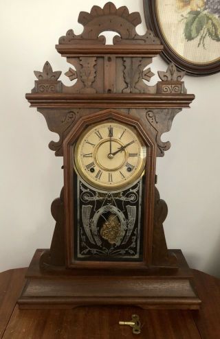 Antique E.  Ingraham Walnut Parlor Clock - 8 Day Key Wind Pendulum -
