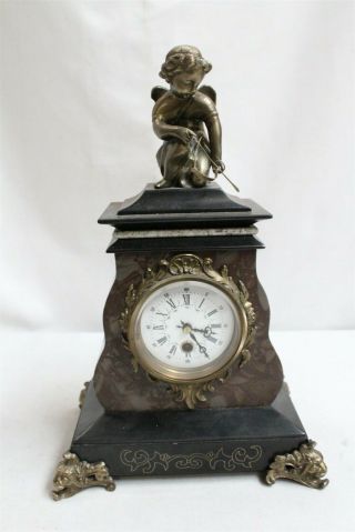 Rare Antique French Art Nouveau Marble Cherub Bow Clock Porcelain Face