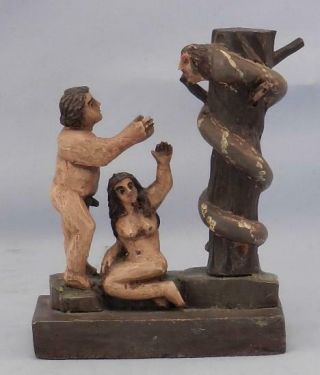 RARE Antique Hand Carved Folk Art Wood Sculpture ADAM & EVE & DEVIL Bible Scene 12