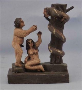 Rare Antique Hand Carved Folk Art Wood Sculpture Adam & Eve & Devil Bible Scene