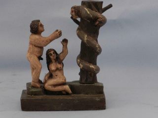 RARE Antique Hand Carved Folk Art Wood Sculpture ADAM & EVE & DEVIL Bible Scene 2