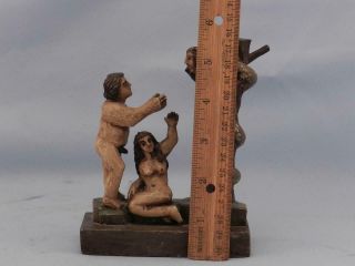 RARE Antique Hand Carved Folk Art Wood Sculpture ADAM & EVE & DEVIL Bible Scene 3