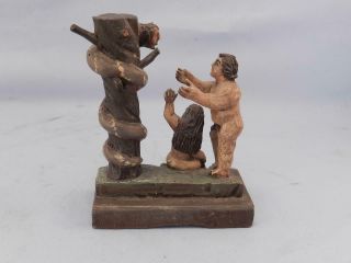 RARE Antique Hand Carved Folk Art Wood Sculpture ADAM & EVE & DEVIL Bible Scene 7