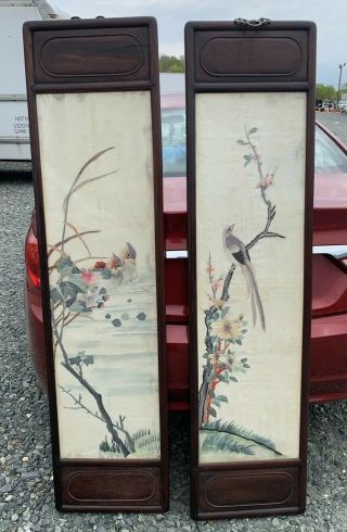 Huge Antique Chinese Silk Panels With Birds And Rosewood Frames