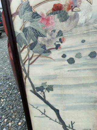 Huge Antique Chinese Silk Panels With Birds And Rosewood Frames 5