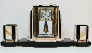 Antique French 8 Day Art Deco Mantel Clock Set Marble Glass Front Bell Striking