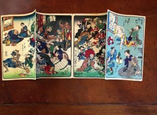 Kawanabe Kyosai Antique Woodblock Print On Paper 100 Pictures 4 Scenes Blue 1
