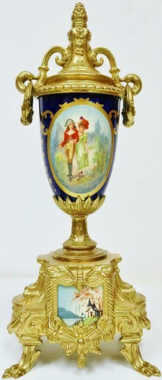 Vintage Franz Hermle 8 Day Bronze & Blue Porcelain Panelled Mantel Clock Set 12