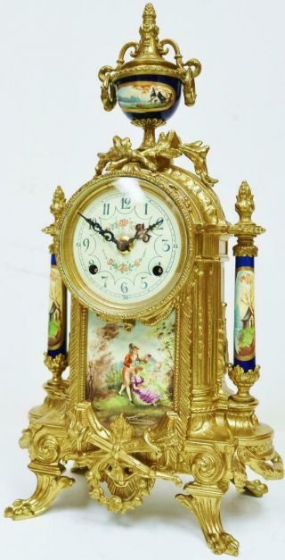 Vintage Franz Hermle 8 Day Bronze & Blue Porcelain Panelled Mantel Clock Set 4