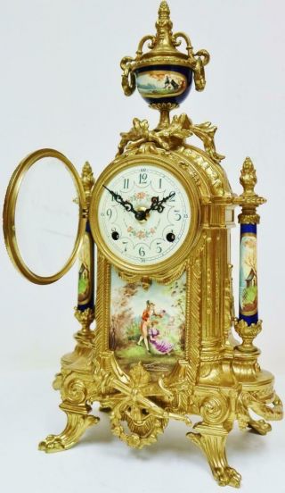 Vintage Franz Hermle 8 Day Bronze & Blue Porcelain Panelled Mantel Clock Set 6