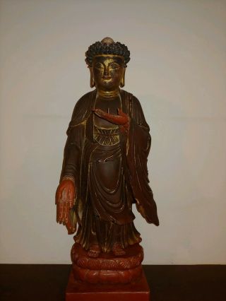 Antique Carved Wood Buddha Statue Laquer Gilt Cracked W/stand China? Japan? Asia