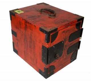 19c Japanese Refinished Red Lacquer Wooden Tansu Personal Storage Chest (rgr)