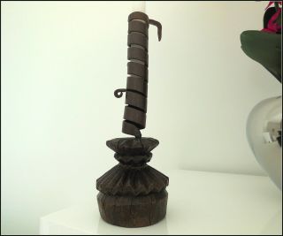 Rare 18th Century Wrought Iron Wood Spiral Candlestick