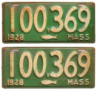 Massachusetts 1928 Codfish License Plate Pair,  100.  369,  Paint