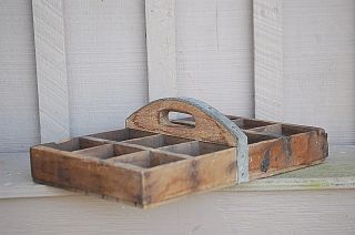 Vintage Antique Primitive Wooden Nail Tote Tool Box Rustic Farm Caddy Carrier