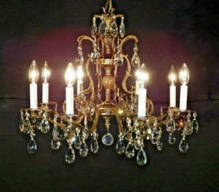 Antique French Brass Bronze Cut Lead Crystal Double Pineapple Chandelier 2 Avail