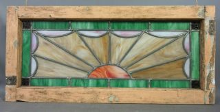 Antique Art Deco Leaded Rising Sun Transom Stained Glass Window Old Salvage