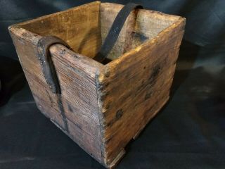 Primitive Antique Wooden Farm Tool Box Nail Ammo Tote Leather Strap Handle Solid