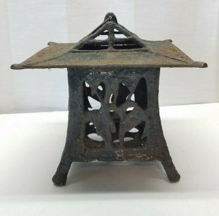 Vintage Antique Japanese Asian Pagoda Cast Iron Candle Garden Lantern Metal Art 6
