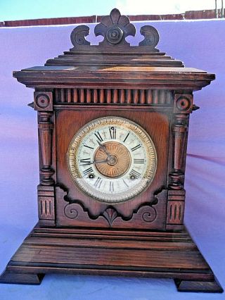 Antique Oak Cased Sharon 8 Day Striking Mantle Clock By Ansonia Usa C1890 Gwo